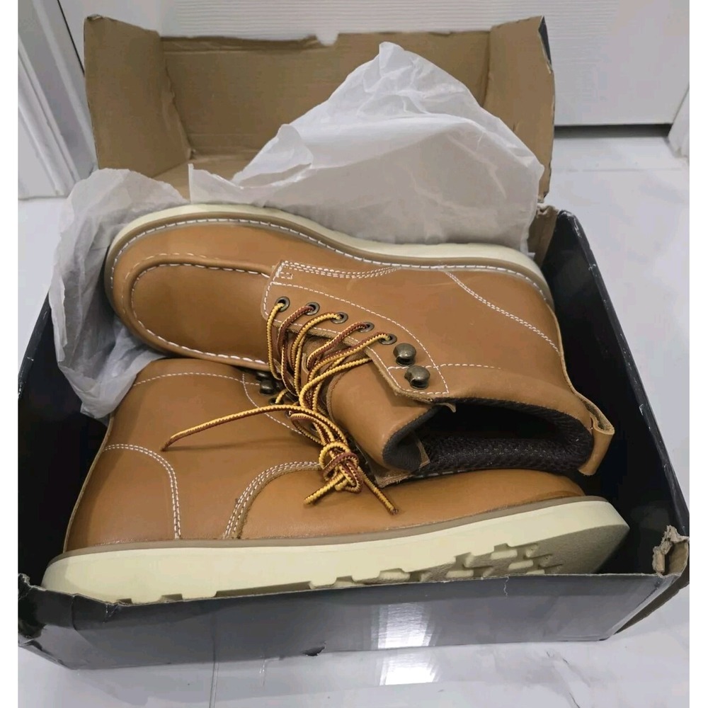 Work Boots for Men Steel Toe, Sz 8.5 Leather Rubber Sole, Waterproof Slip Resist